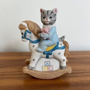 VINTAGE Schmid Kitty Cucumber 1988 Ceramic Figurine Kitty Rocking Horse ABC Baby